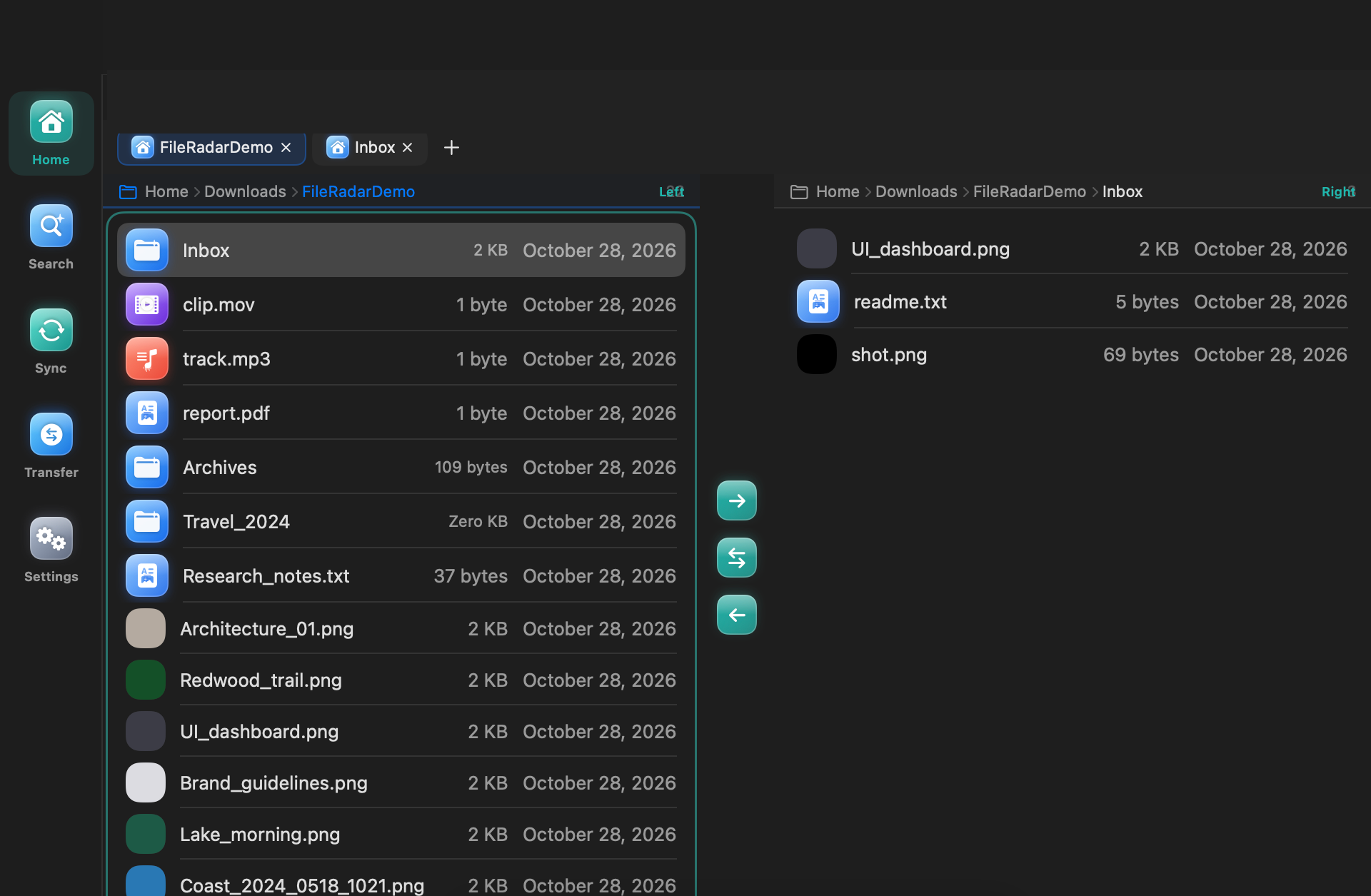 FileRadar interface — dual-pane demo library